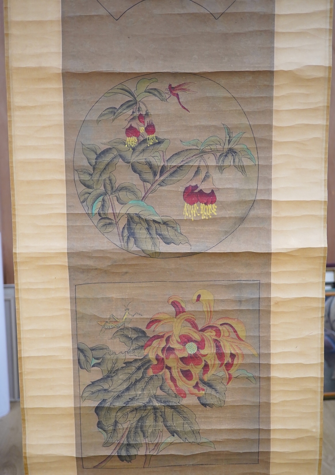 A pair of Chinese scroll pictures. Condition - fair